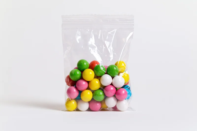 Clear plastic bag filled with colorful round gumballs on white background