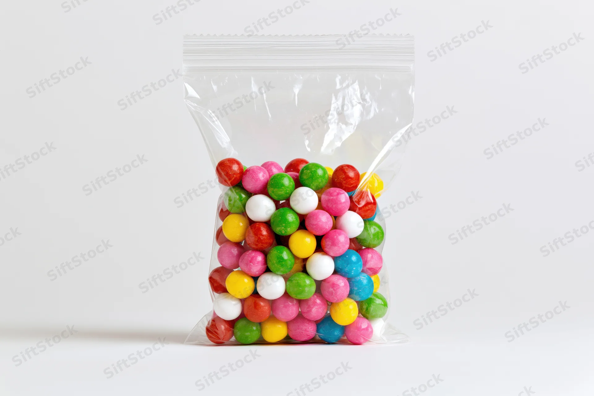 Clear plastic bag filled with colorful round candies on white background