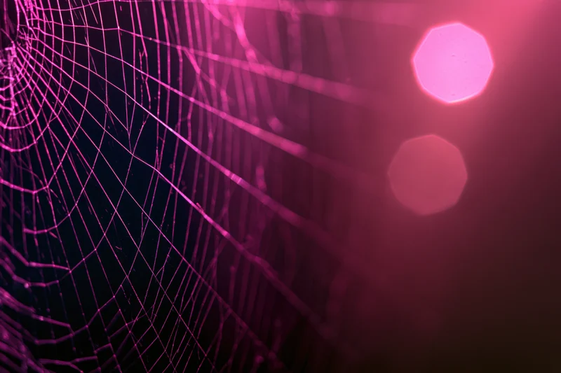 Close-up of a spiderweb illuminated in pink light with bokeh highlights in the background