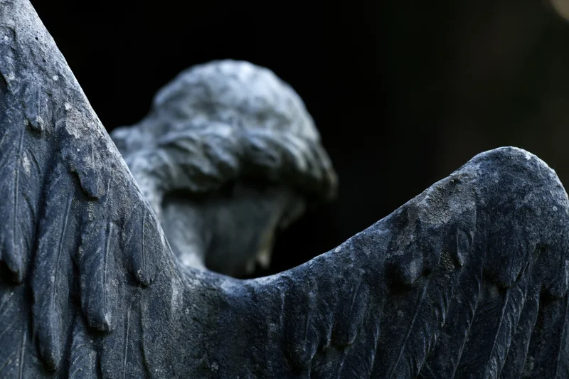 Close-up of a weathered stone angel statue with carved wings and bowed head in a cemetery