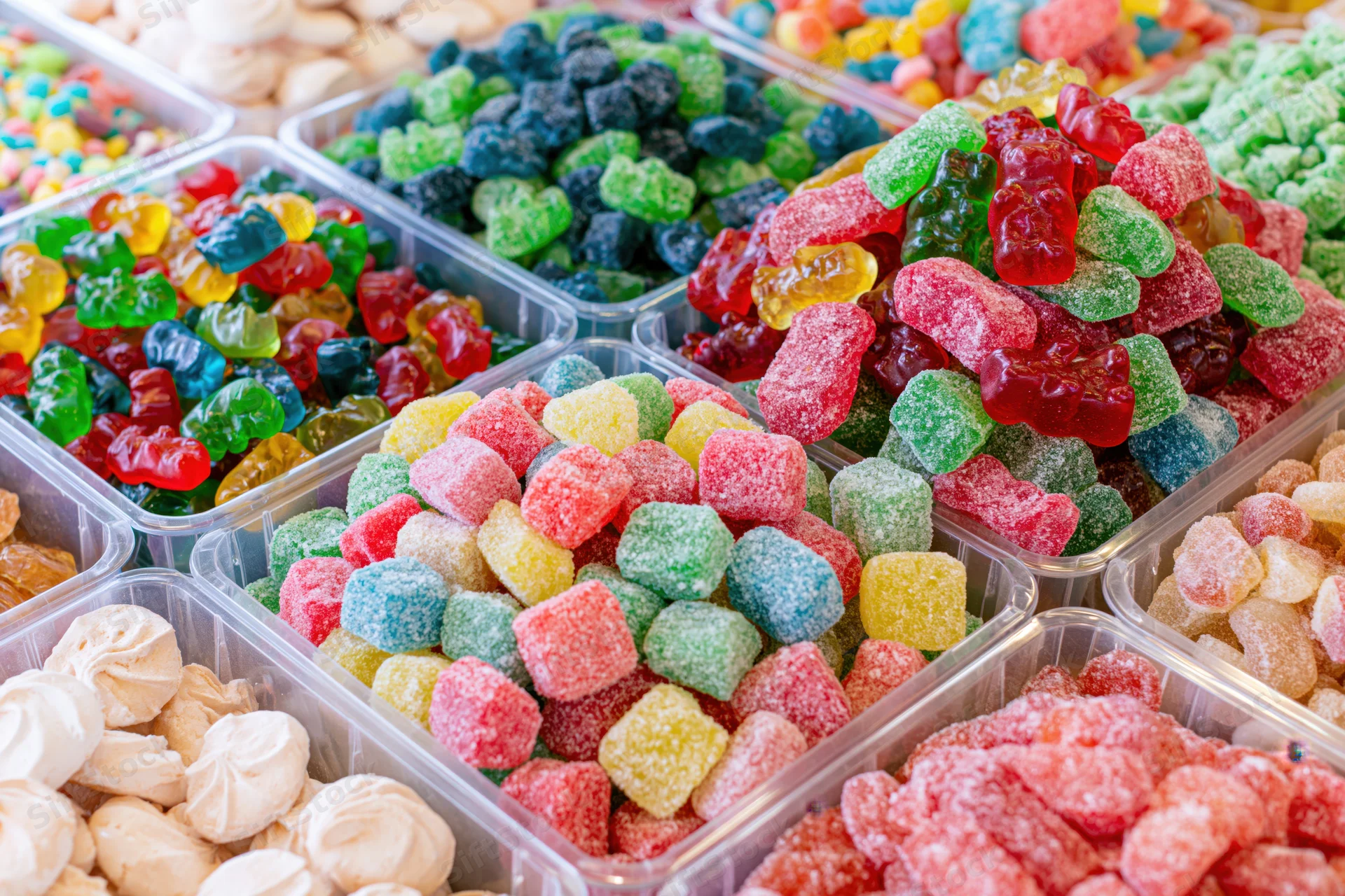 Colorful assorted gummy candies and sweets in clear plastic bins at a market stall