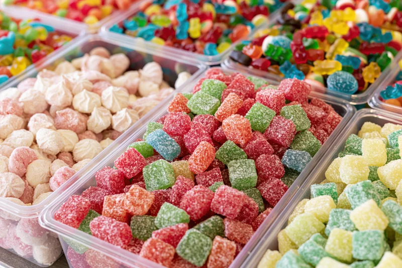 Colorful assorted gummy candies and meringues in clear plastic bins at a market stall display