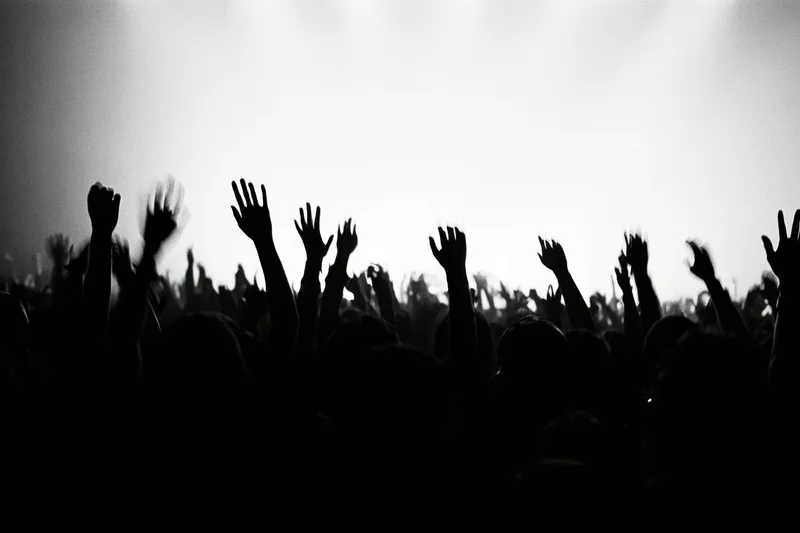 Silhouetted crowd with raised hands at a concert under bright stage backlighting