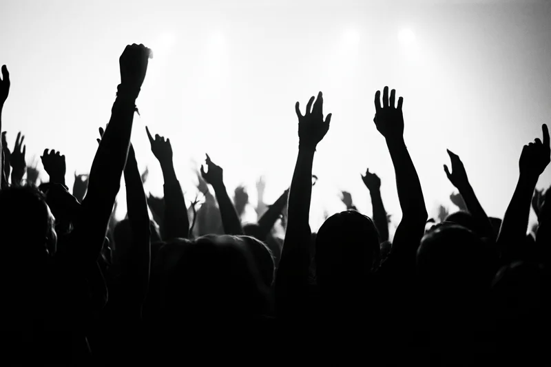 Silhouetted crowd with raised arms at a concert stage under bright backlighting