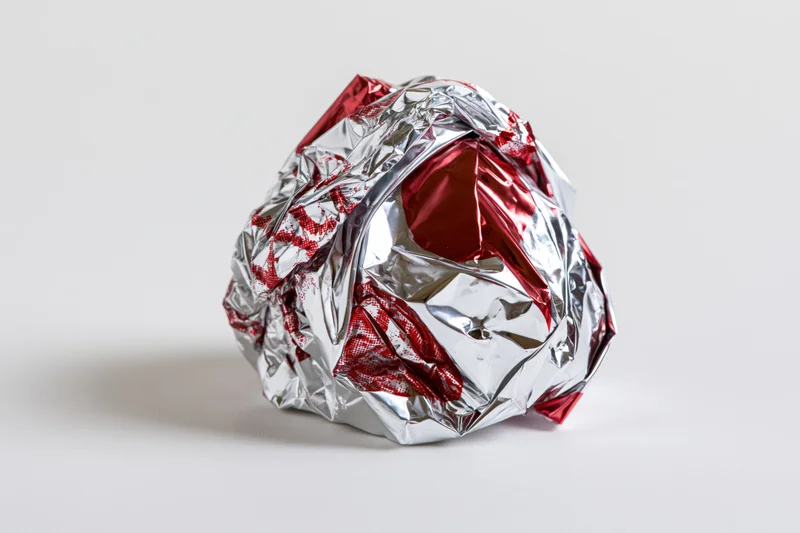 Crumpled silver and red metallic foil candy wrapper on white background