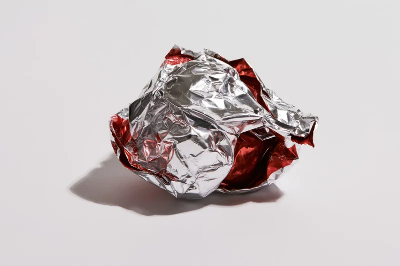 Crumpled silver and red metallic foil candy wrapper on white surface