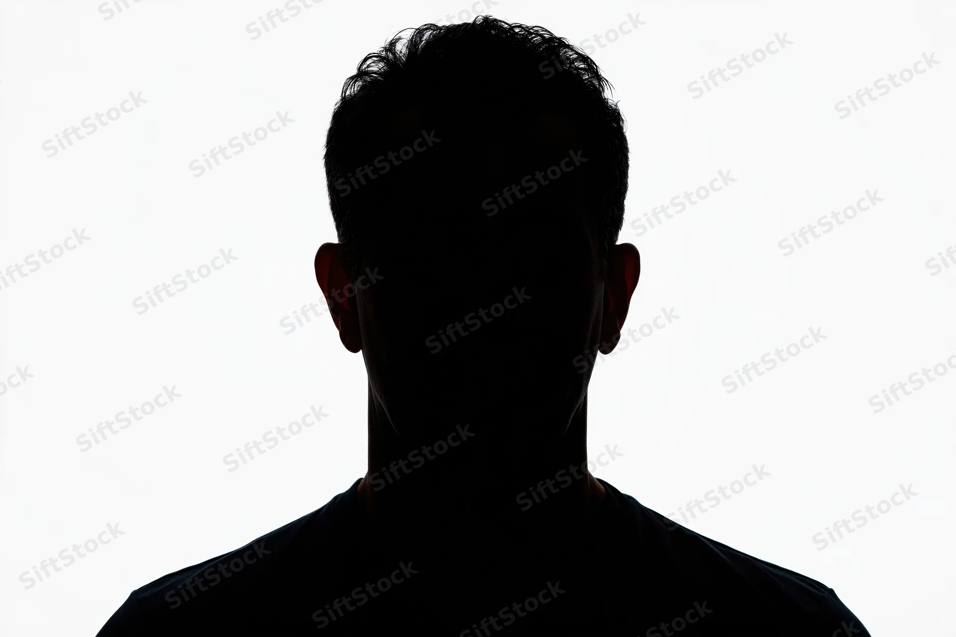 Silhouette of a man's head and shoulders facing forward against white background