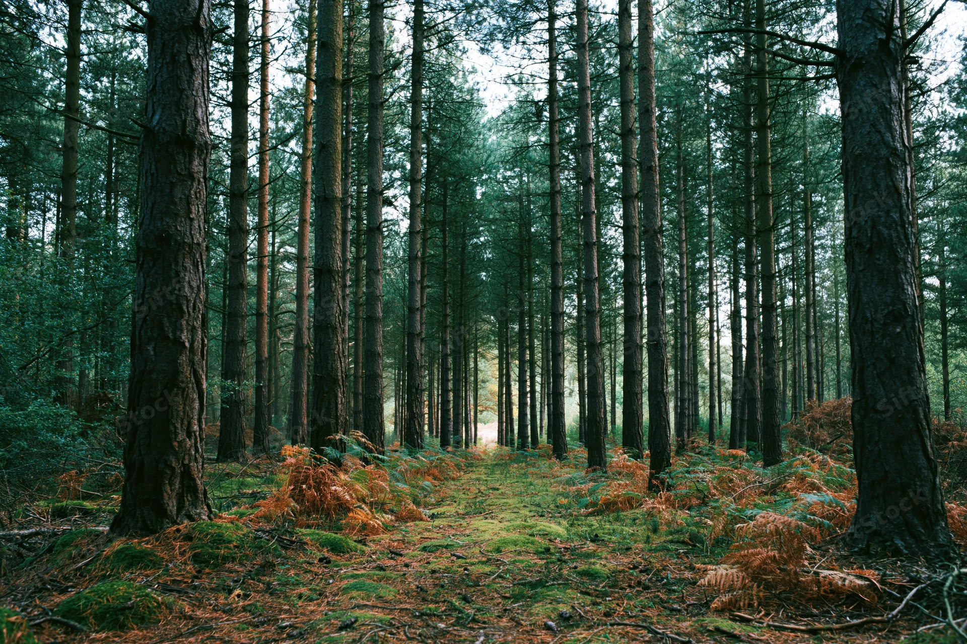 Tall straight pine trees lining a mossy path through a dense conifer forest