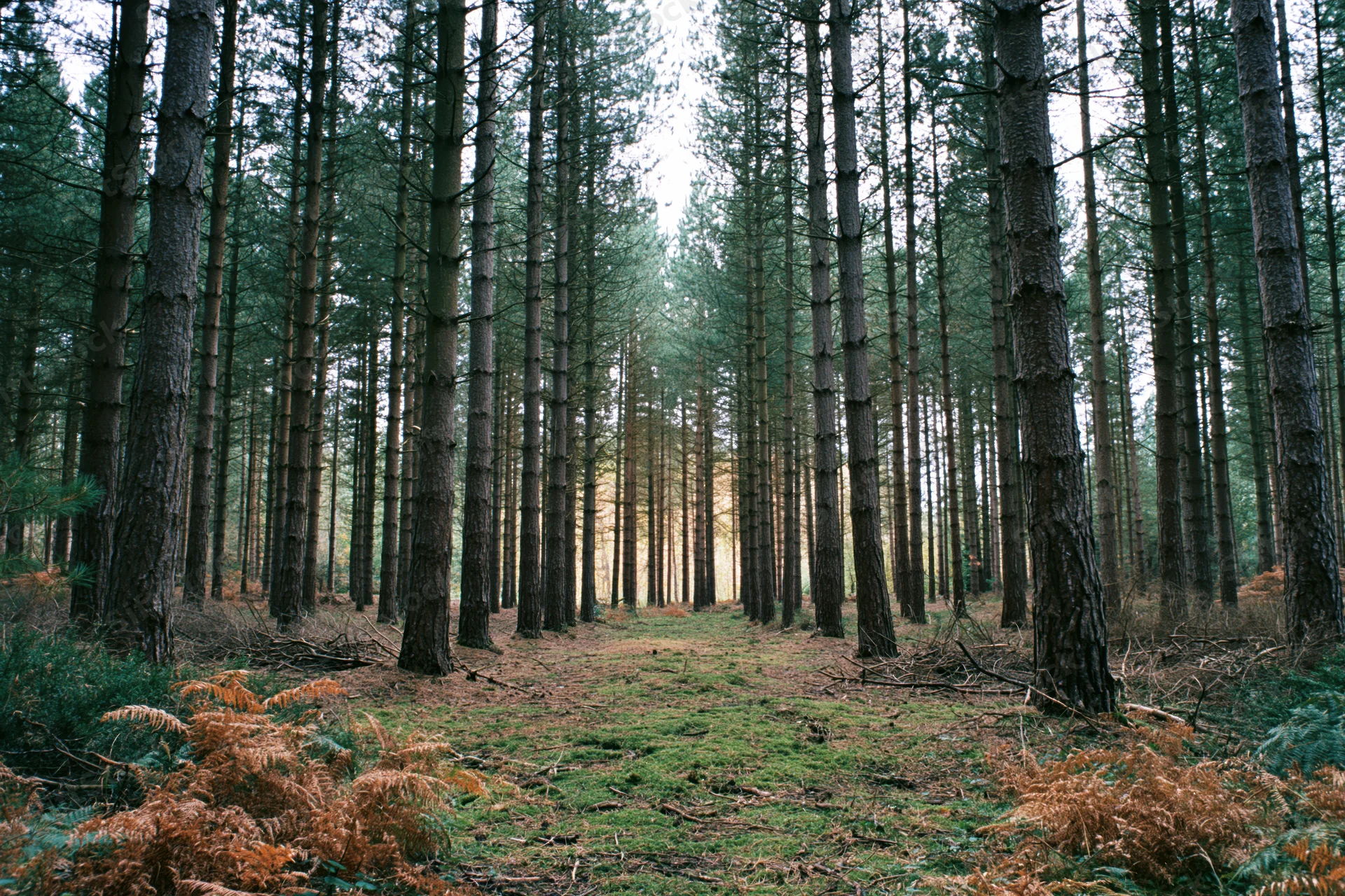 Tall straight pine trees in a dense conifer forest with a narrow path through the undergrowth