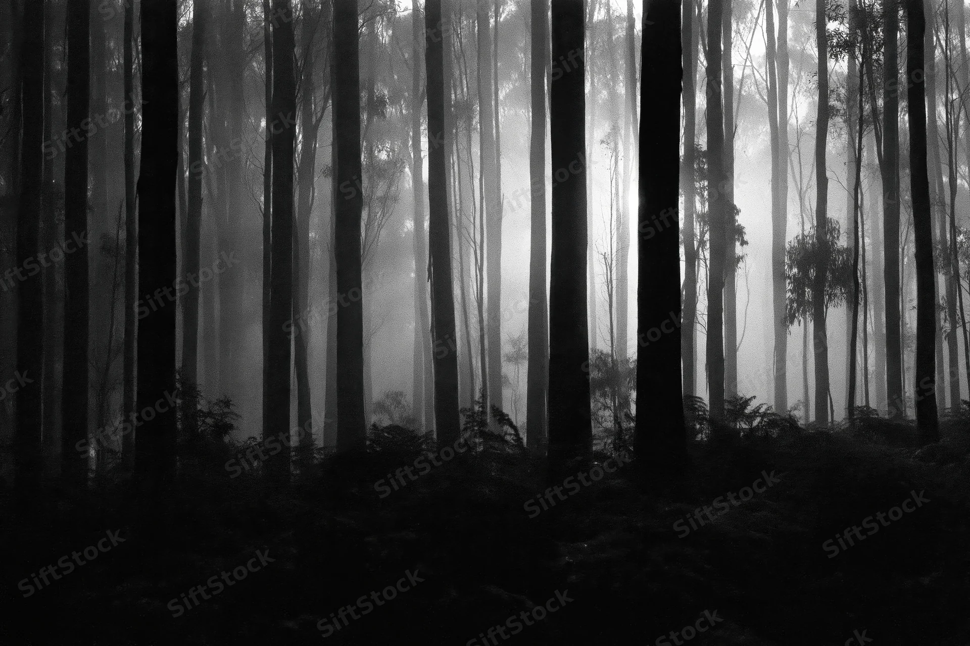 Dense eucalyptus forest at night shrouded in fog with tall trees silhouetted against diffused light