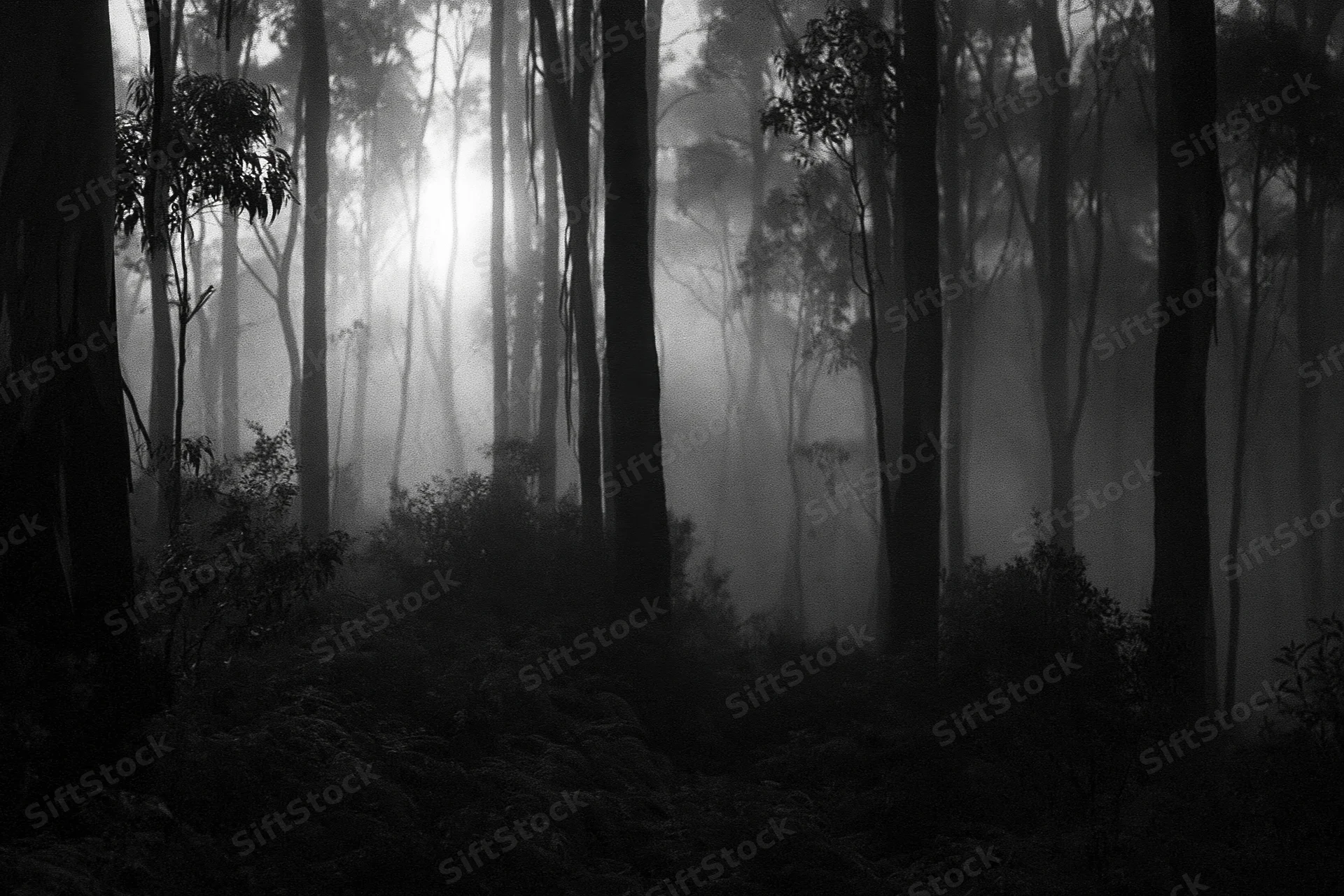 Dense eucalyptus forest shrouded in fog at night with light filtering through trees