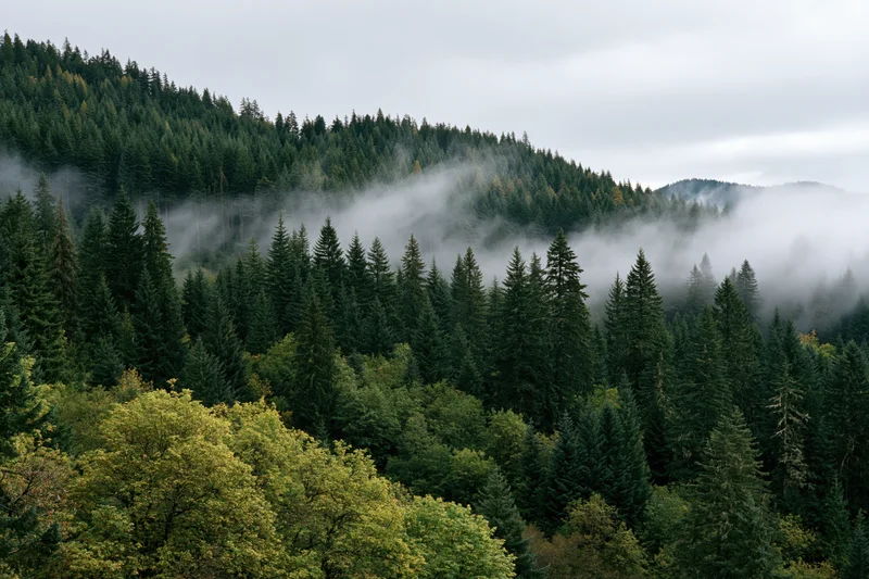 Dense evergreen forest on misty mountains under overcast sky
