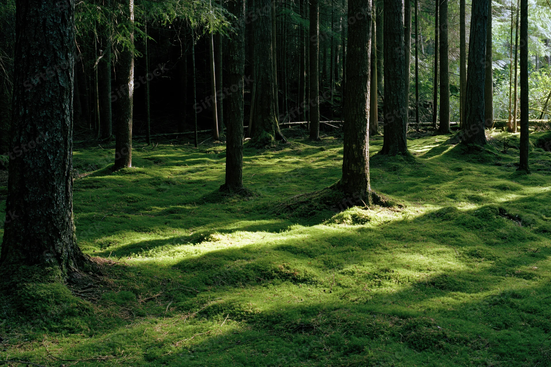Dense forest interior with moss-covered ground and dappled sunlight filtering through tall trees