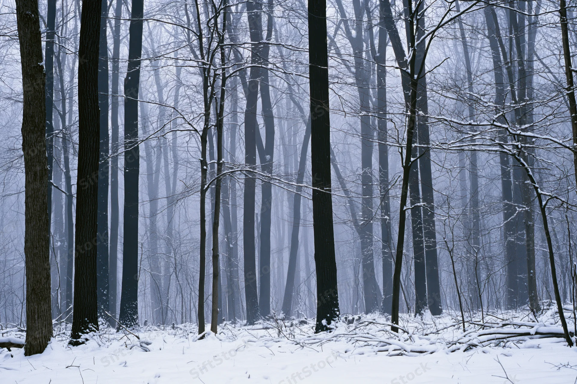 Snow-covered bare deciduous trees in a dense winter forest with fog