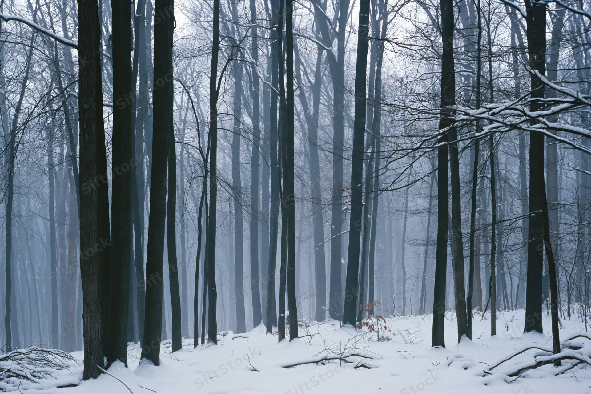 Snow-covered bare deciduous trees in a dense winter forest under foggy overcast sky