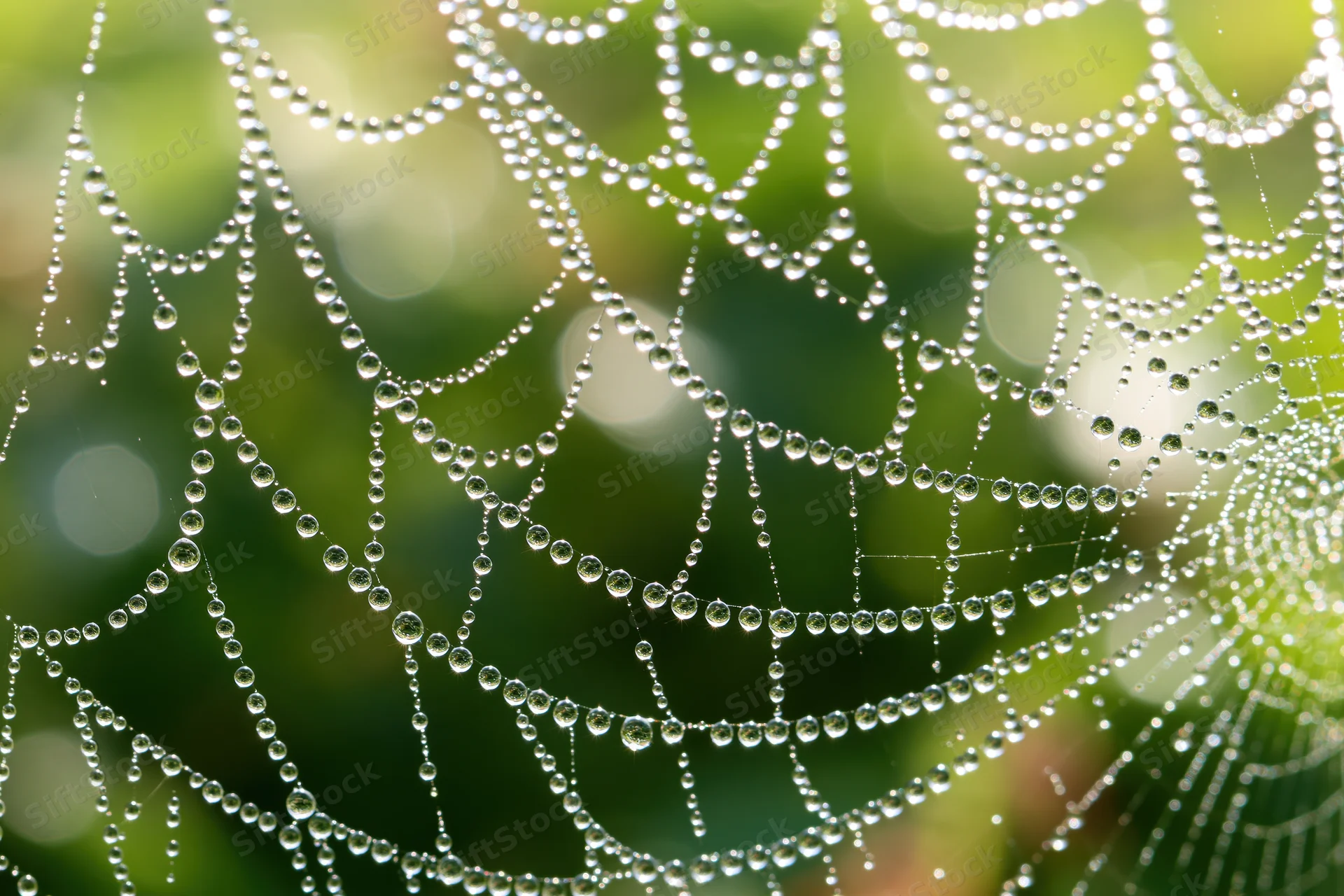 Closeup of a spiderweb covered in dew droplets against a green blurred background