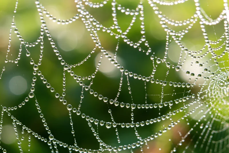 Closeup of a spiderweb covered in dew droplets against a green blurred background