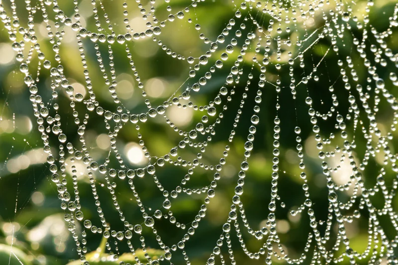 Closeup of a spiderweb covered in dew droplets against green foliage in morning light
