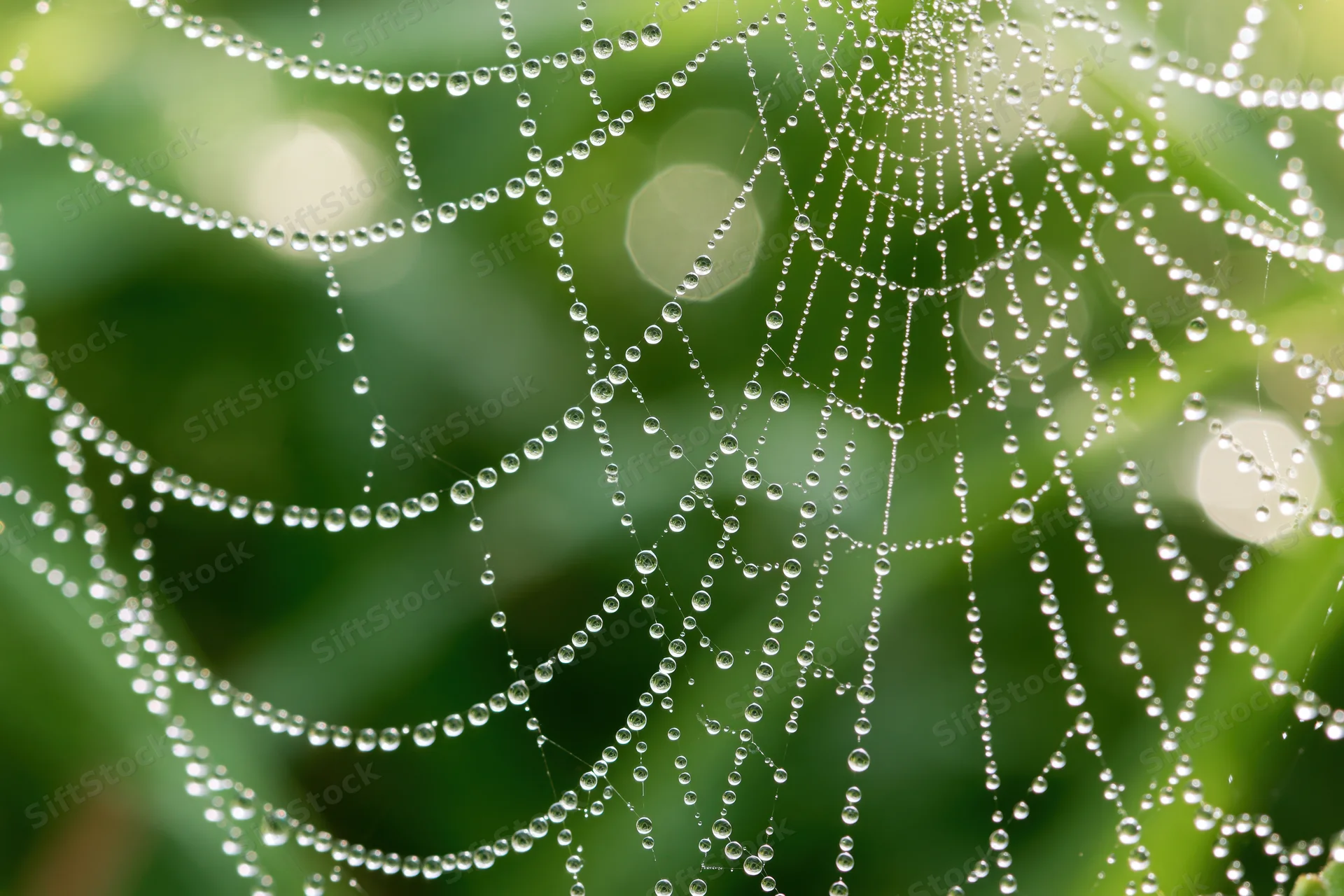Closeup of a dew-covered spiderweb glistening with water droplets against green foliage