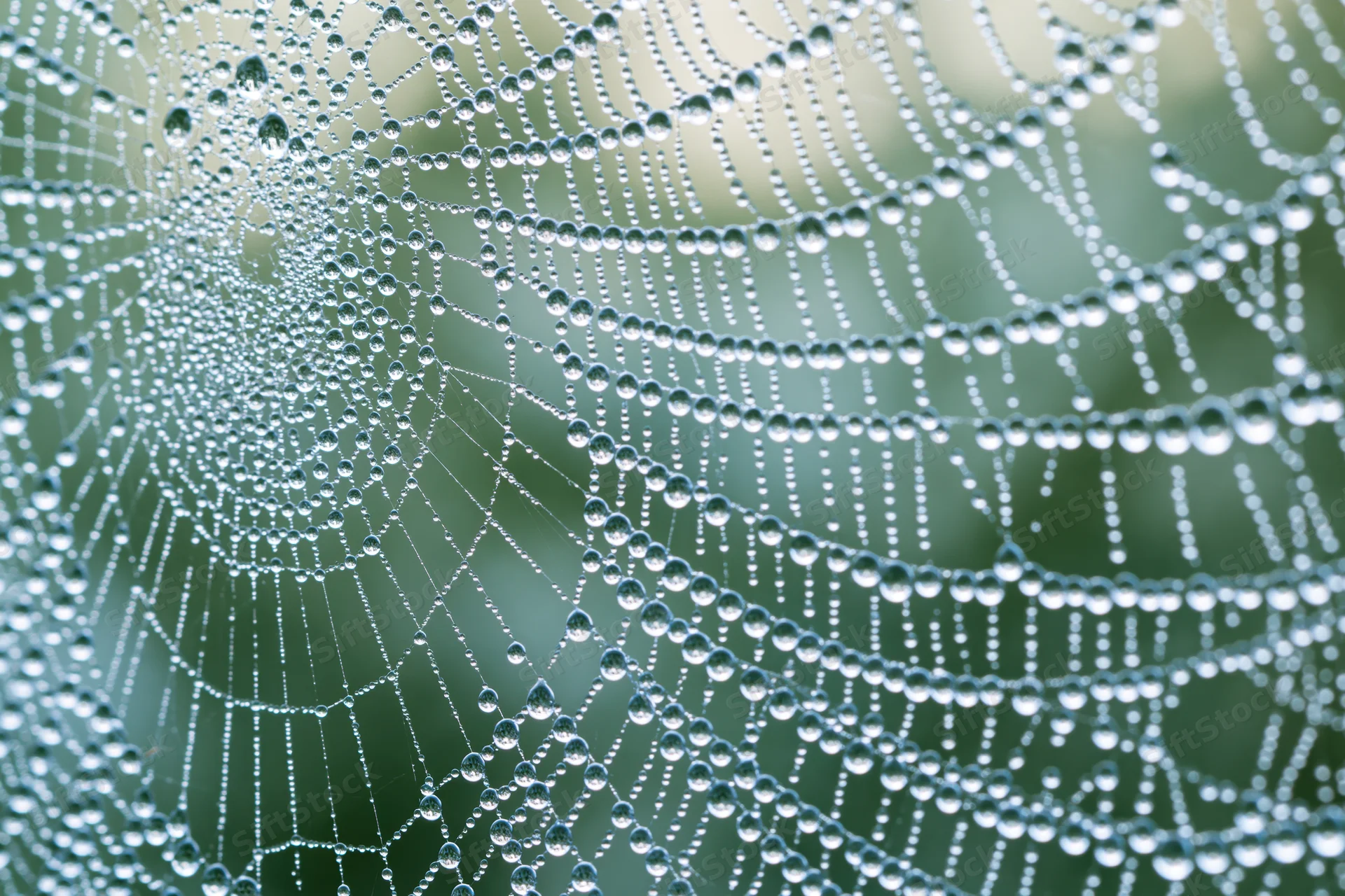 Closeup of a spiderweb covered in dew droplets against a blurred green background