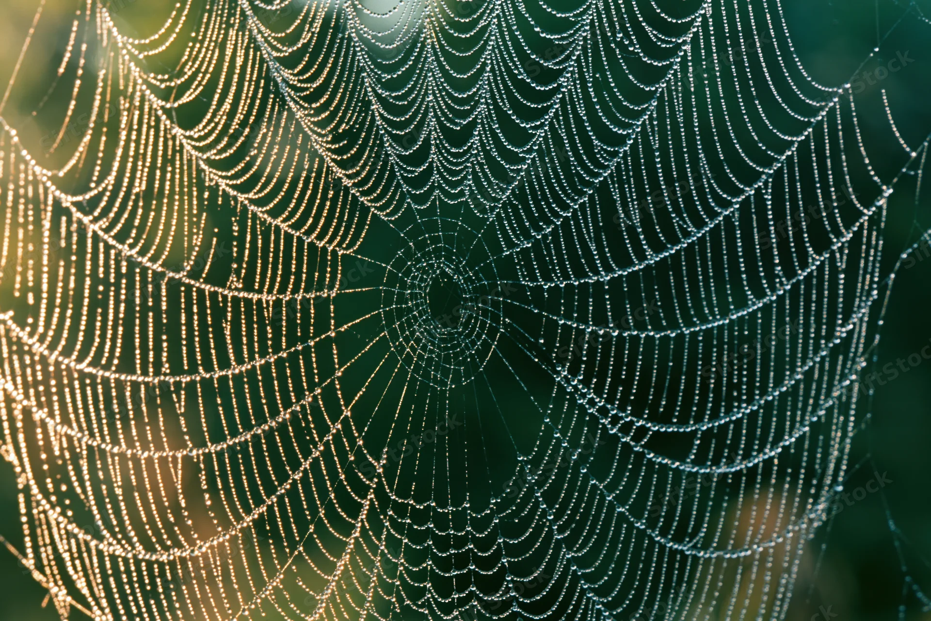 Intricate dew-covered spiderweb in morning light against green foliage