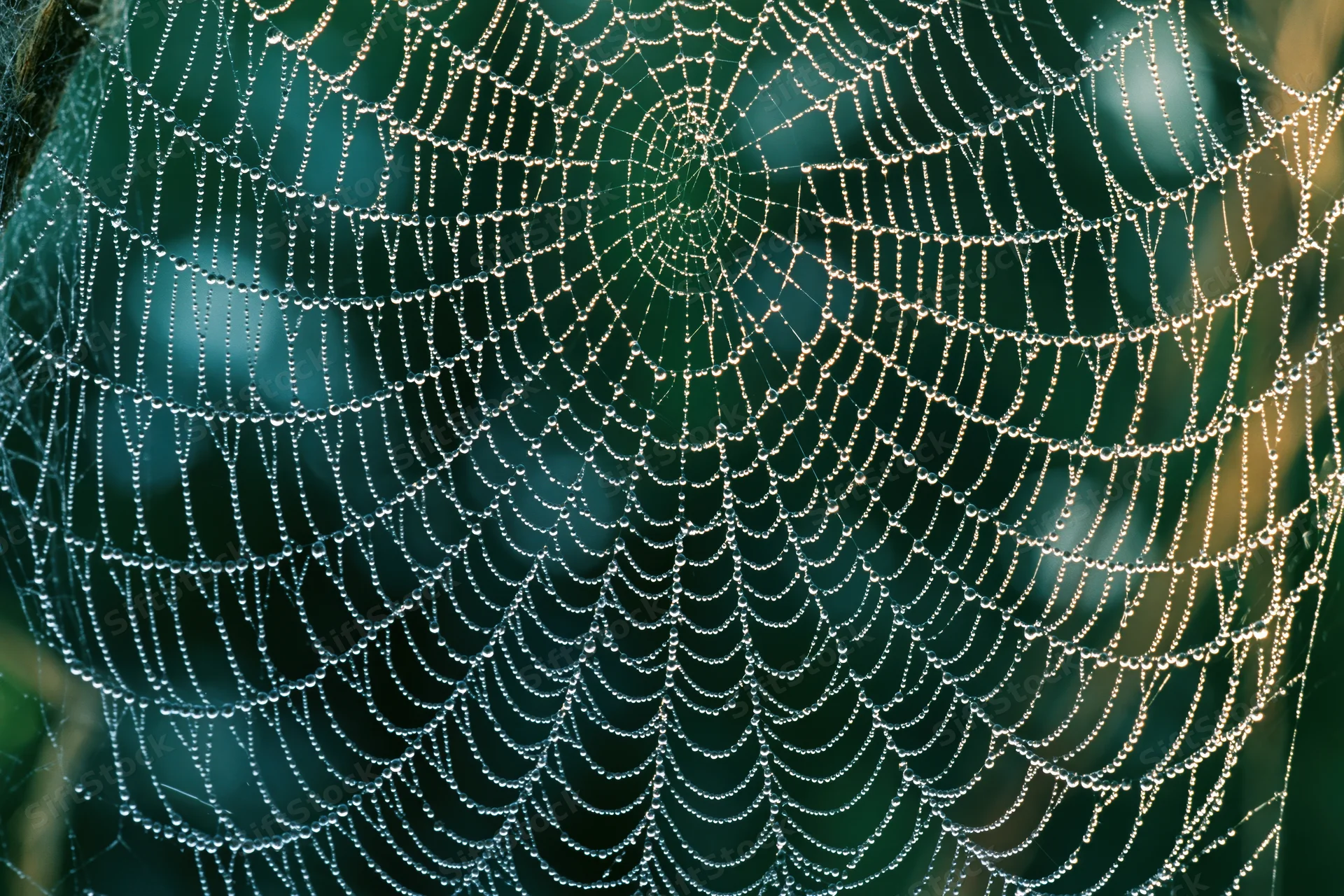 Closeup of a dew-covered spiderweb with intricate radial pattern against a green forest background