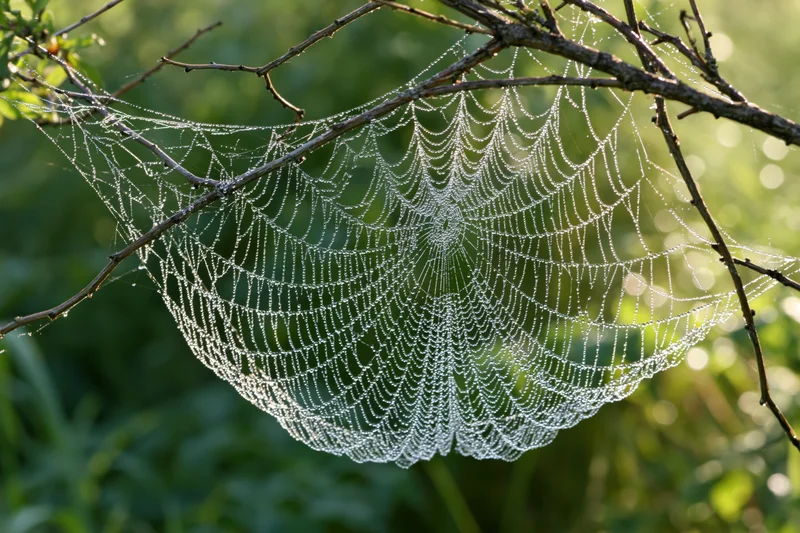 Dew-covered spiderweb strung between thin bare twigs in a green garden setting