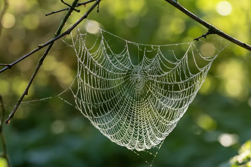 Dew-covered spiderweb strung between thin bare twigs in a sunlit forest setting