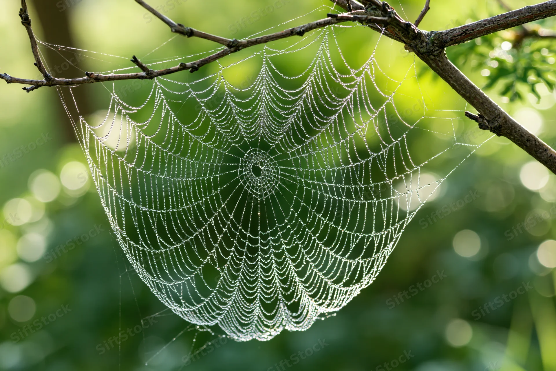 Dew-covered spiderweb strung between thin bare twigs in a forest setting
