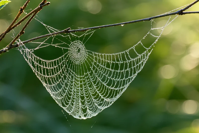 Dew-covered spiderweb strung between thin bare twigs in a green forest setting at morning light