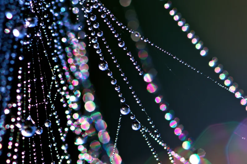 Closeup of a dew-covered spiderweb with glistening water droplets against a dark background