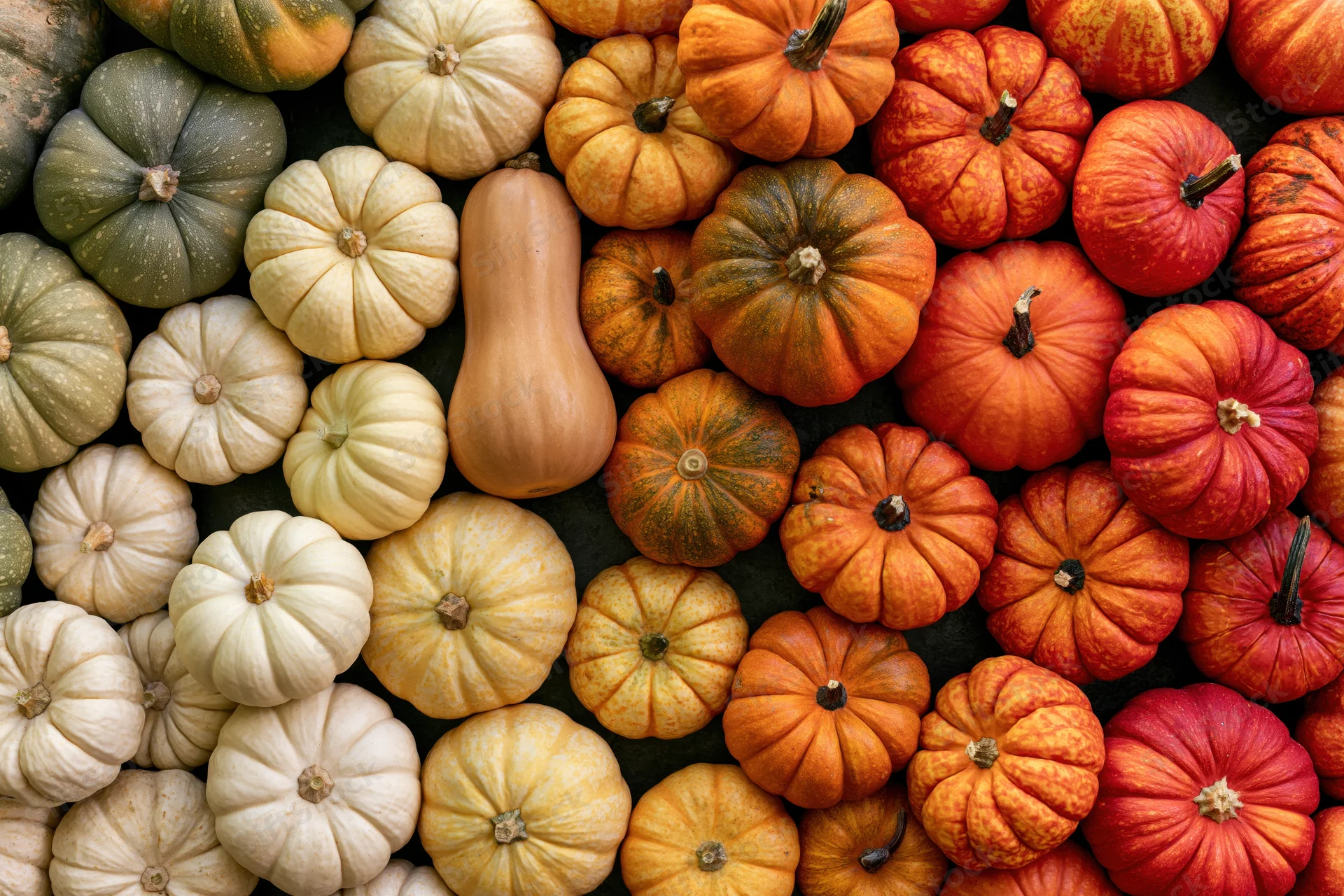 Assorted pumpkins and squash arranged in a gradient of colors from green to red on a dark surface