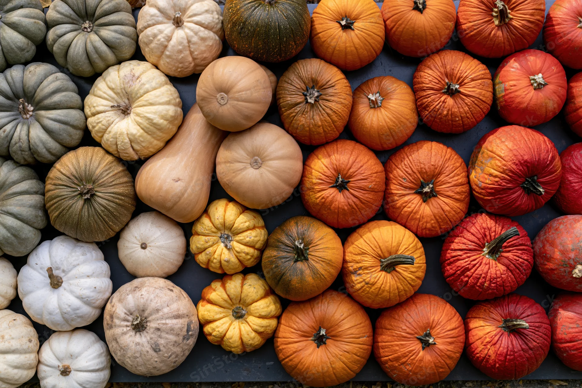 Assorted pumpkins and squash arranged in rows on dark surface
