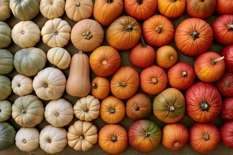 Assorted pumpkins and squash arranged in rows by color on a dark surface