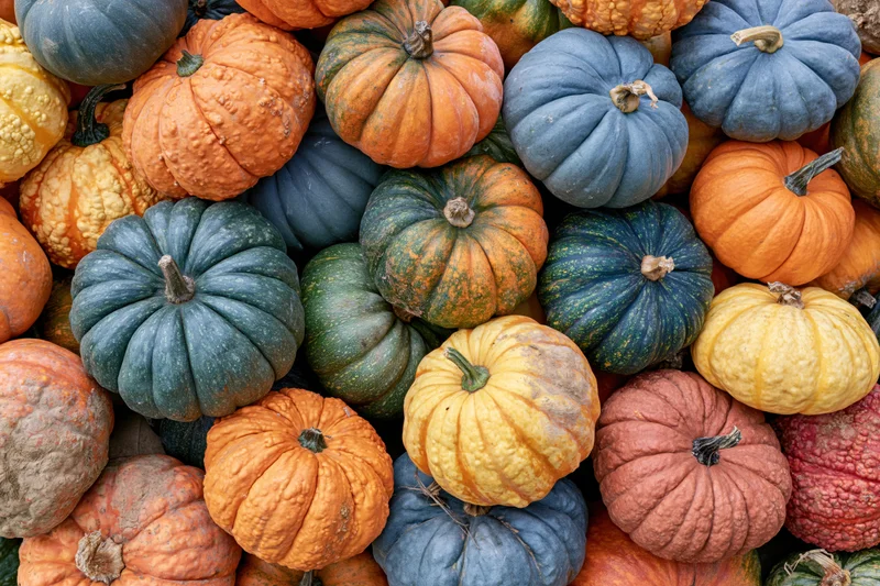Dozens of mixed heirloom pumpkins and gourds piled closely together in a vibrant autumn harvest display