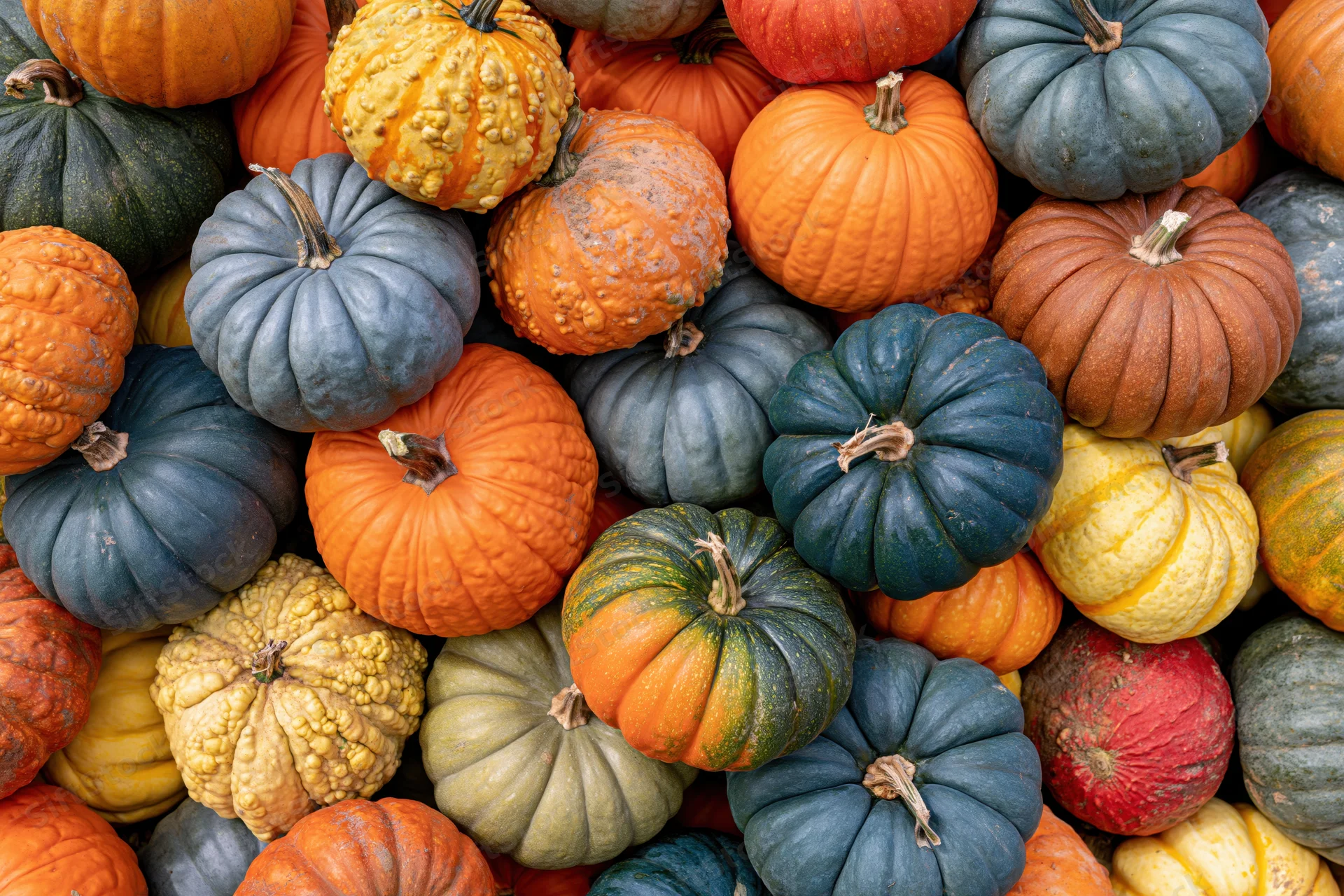 Dozens of mixed heirloom pumpkins and gourds packed tightly together in a colorful autumn harvest display