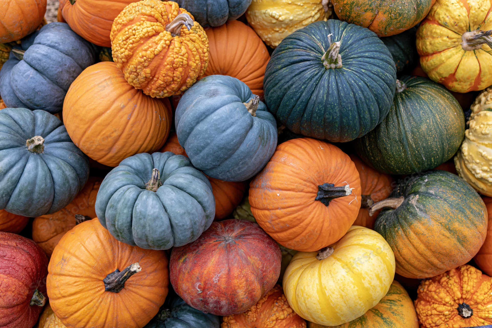 A closeup of dozens of mixed heirloom pumpkins and gourds stacked tightly together in a colorful autumn harvest display