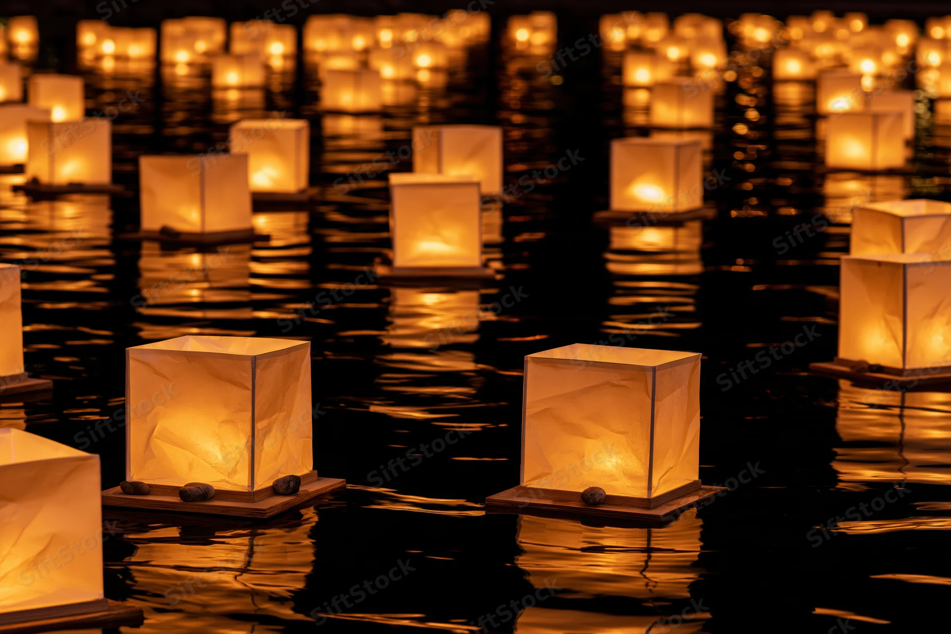 Square paper lanterns floating on dark water at night, glowing warmly with reflections rippling on the surface