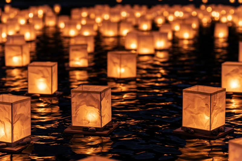 Square paper lanterns floating on dark water at night, glowing with warm light and reflecting on rippling surface