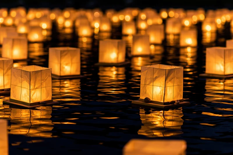 Square paper lanterns floating on dark water at night, glowing warmly with candlelight reflections