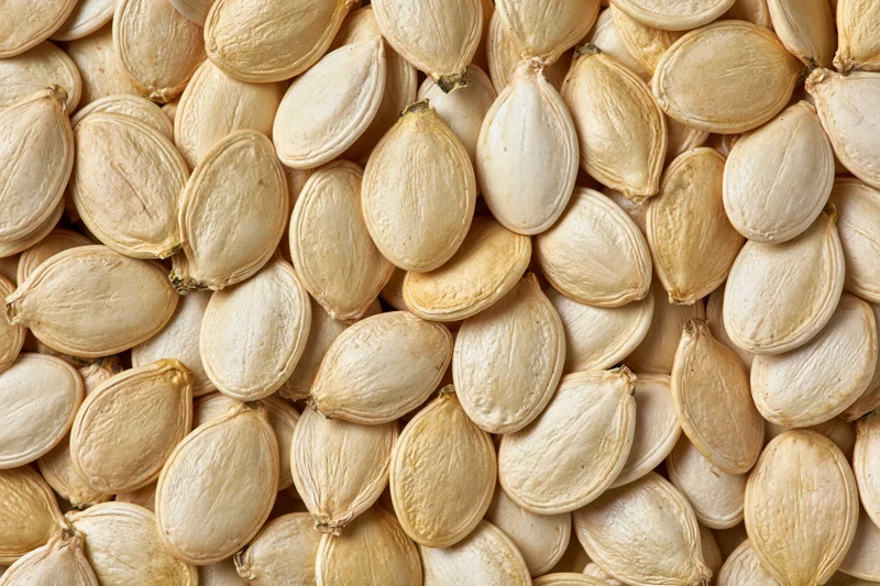 Dried pumpkin seeds scattered densely filling the frame