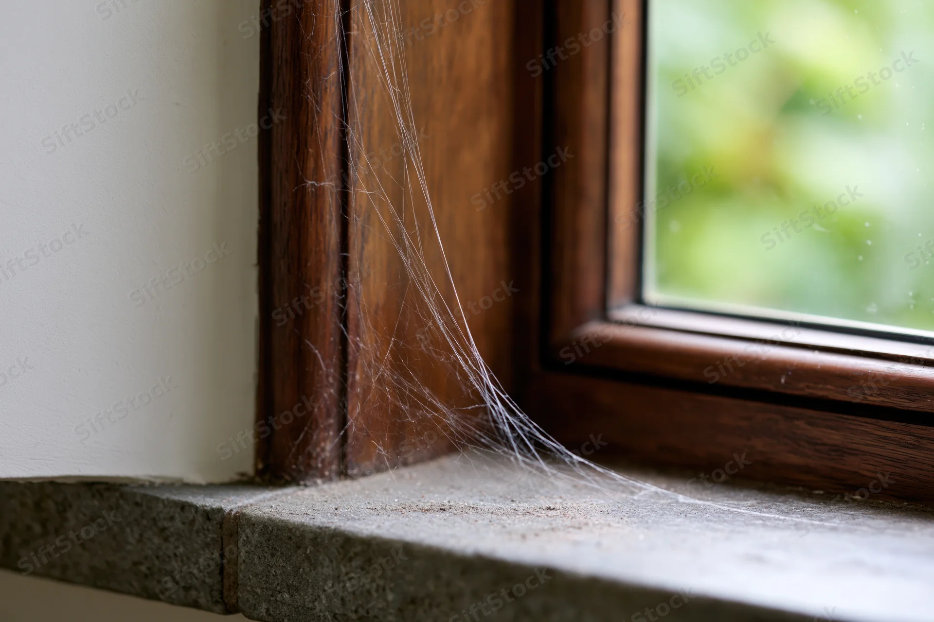 Cobweb clinging to the corner of a wooden window frame above a stone sill