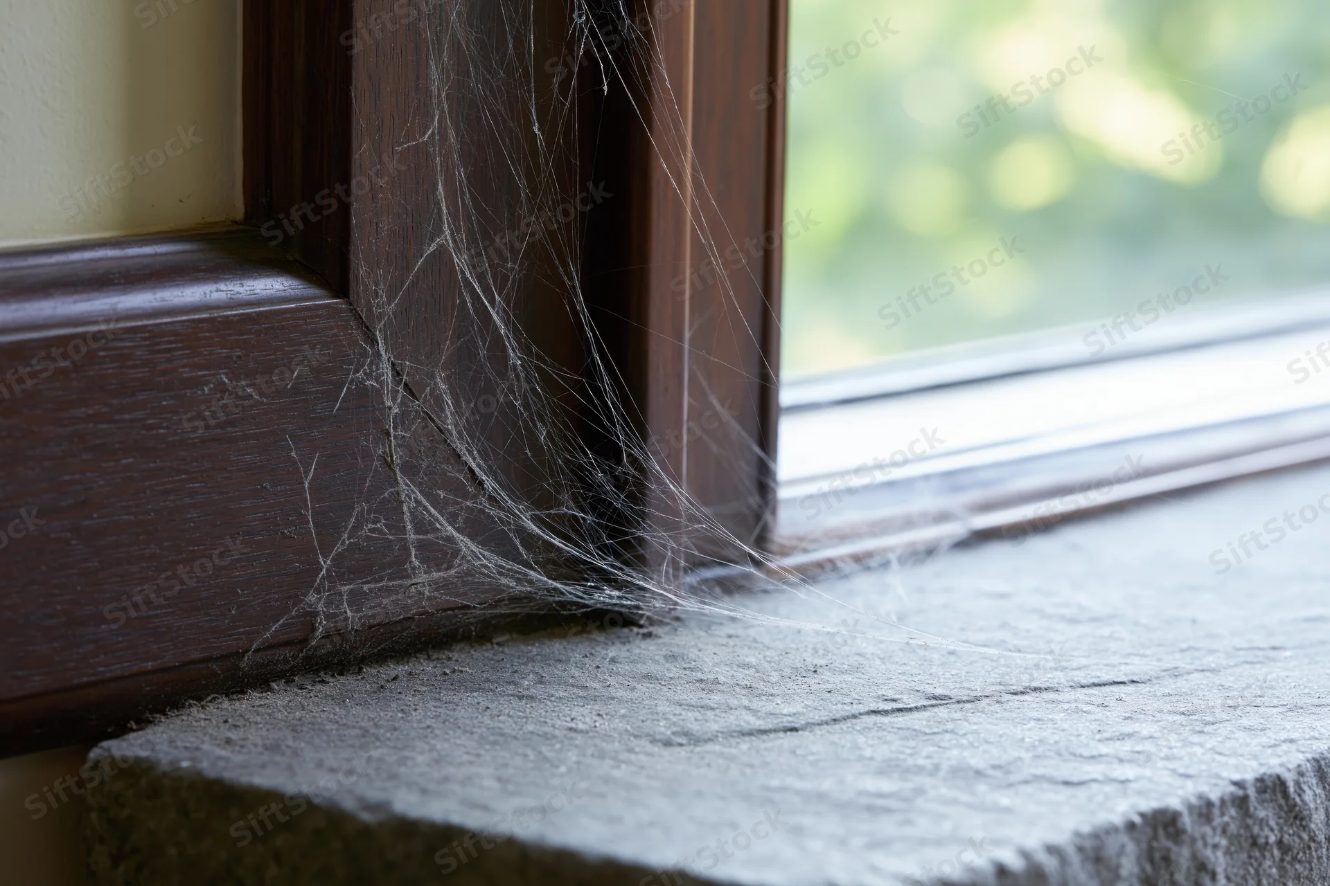 Cobweb clinging to the corner of a wooden window frame beside a stone sill