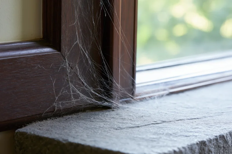 Cobweb clinging to the corner of a wooden window frame beside a stone sill