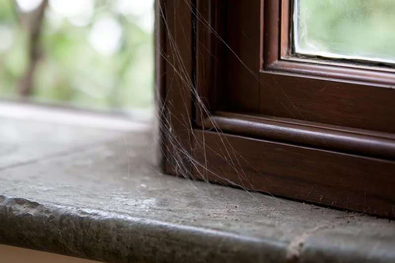 Cobweb clinging to the corner of a dark mahogany window frame on a stone sill