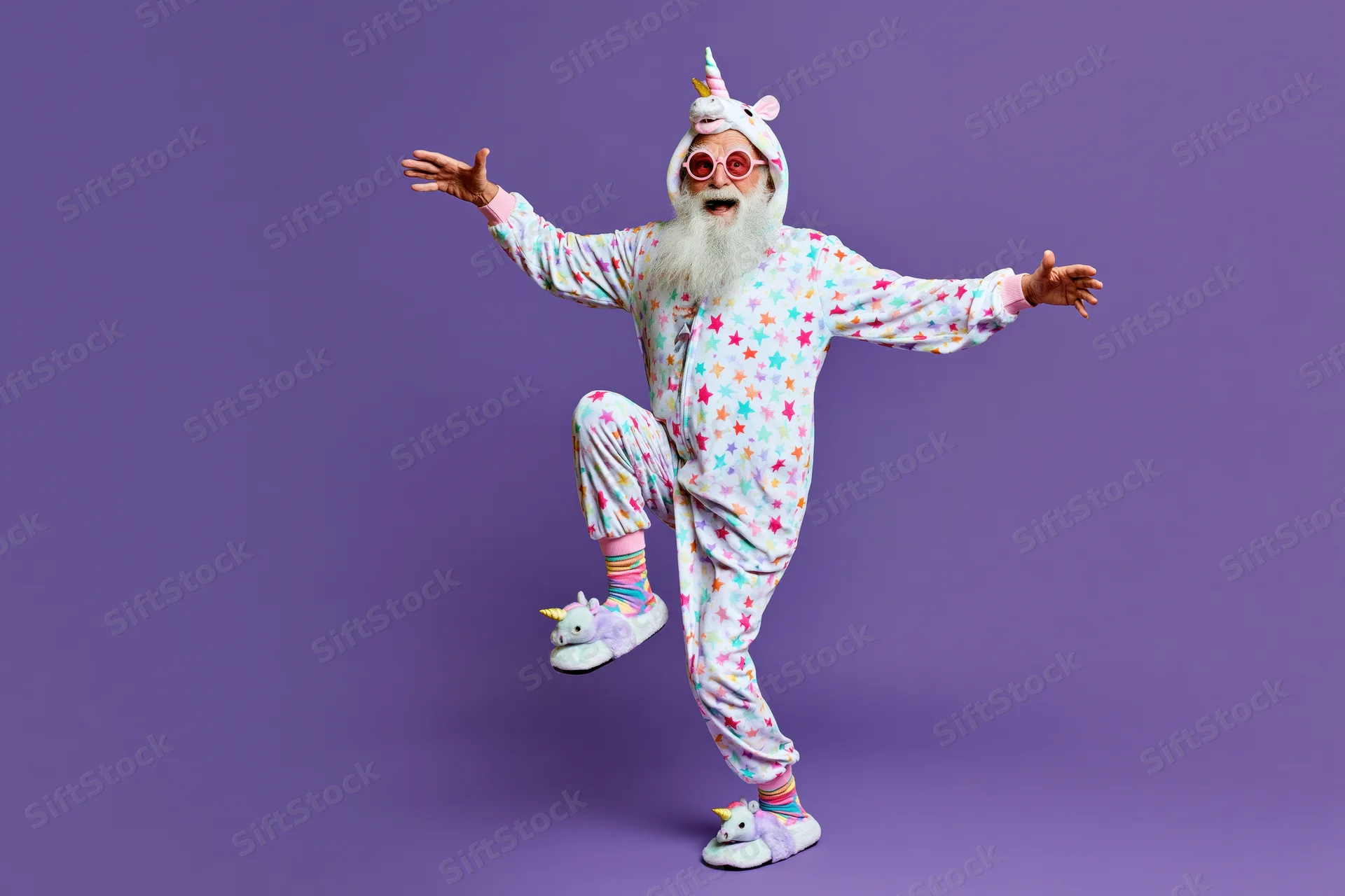 Senior man with white beard dancing in unicorn costume against purple background