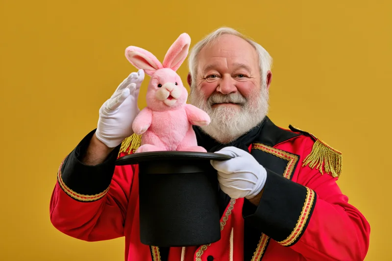 Elderly man in red magician costume holding black top hat with pink plush rabbit emerging from it against yellow background