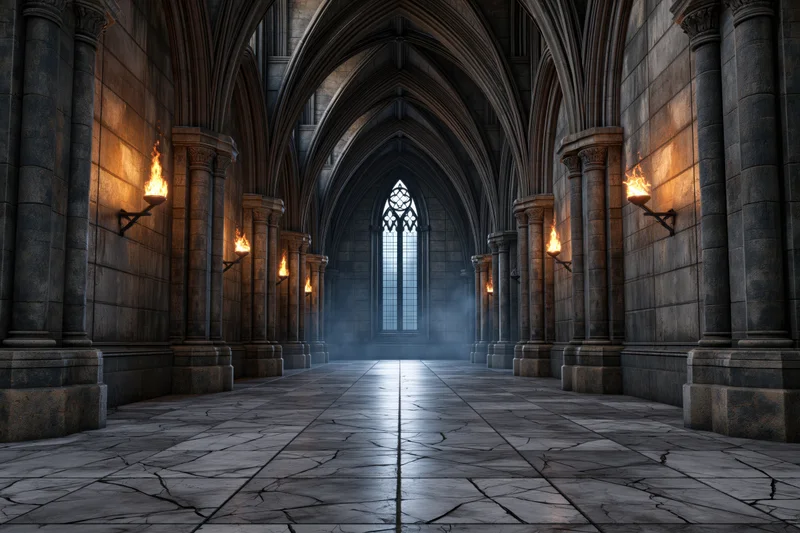 Gothic cathedral hall with vaulted stone arches and torches lining the walls, leading to a stained glass window at the end
