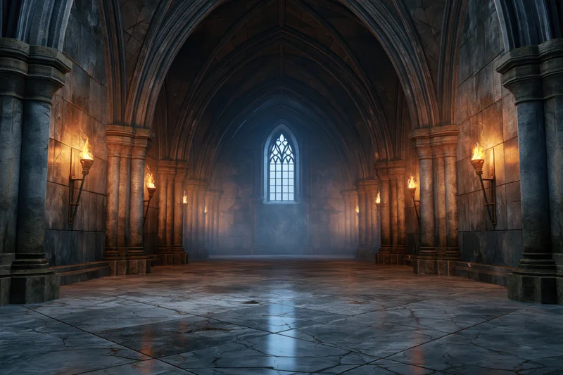 Empty gothic cathedral hall with vaulted stone arches and torchlit walls