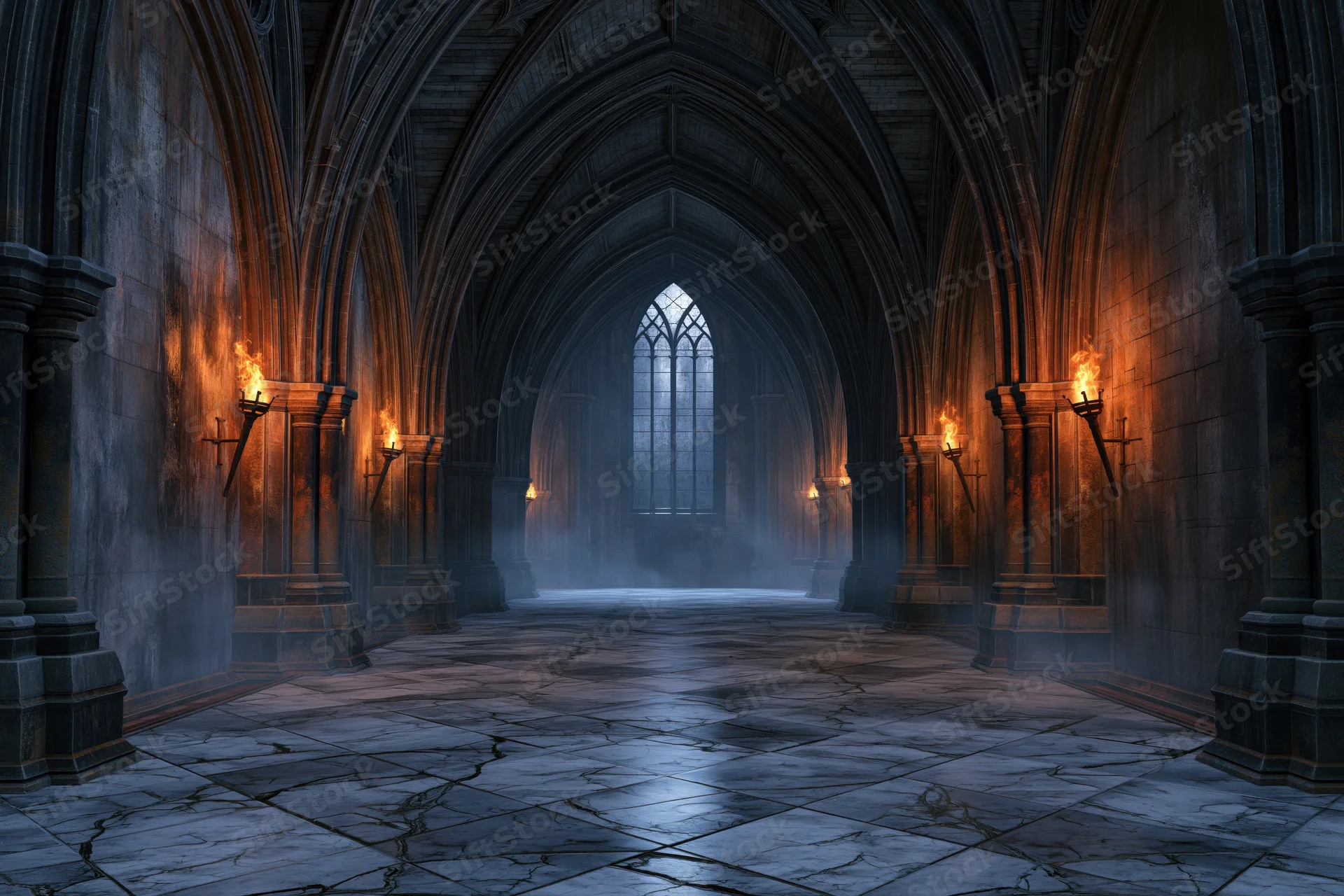 Gothic cathedral hall with vaulted stone arches and torches lining the corridor, misty interior